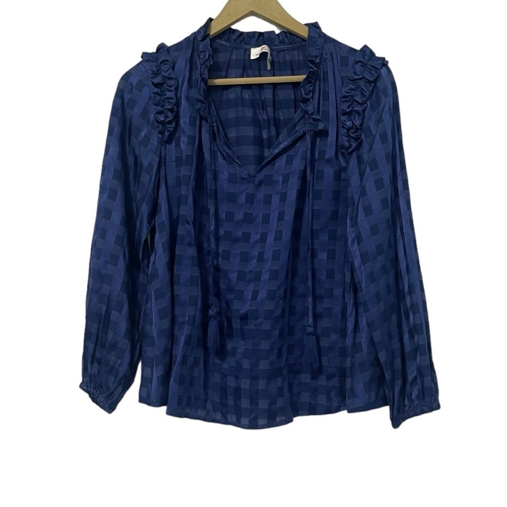 Vineyard Vines Small Blue Checkered Ruffle Trim Blouse Preppy Coastal Nautical
